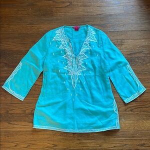 Sunny Leigh Bright Blue and White Embroidered Linen Tunic Top